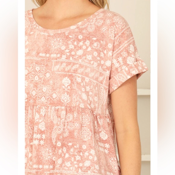 FSL Apparel | Babydoll Rolled Sleeve Tee Blouse‎ Boho Print - Picture 9 of 11